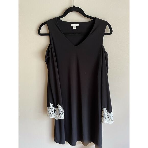 C Est 1946 Cold Shoulder Black Dress Small White Lace Cuffs - Picture 2 of 8